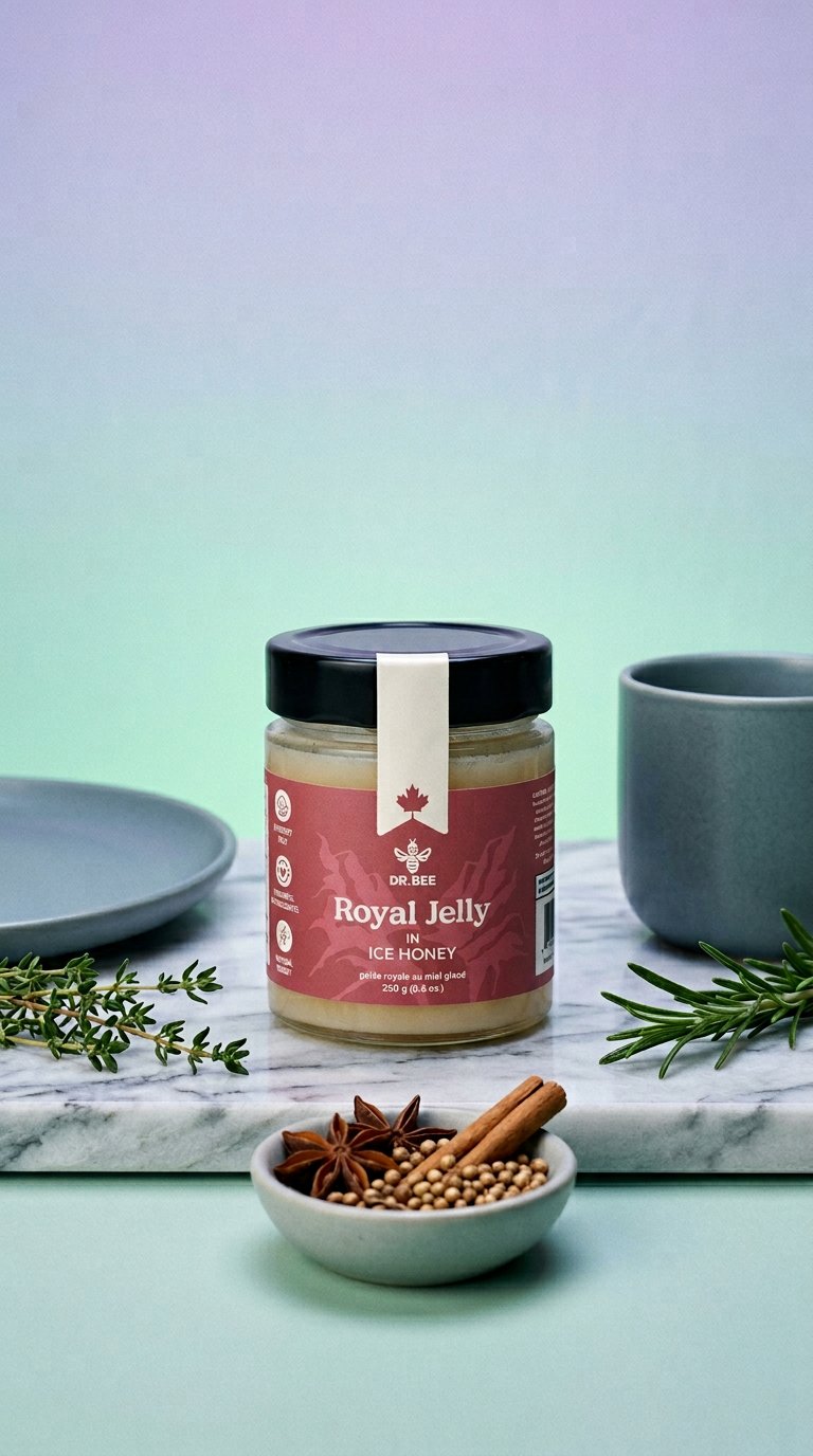 AI product shot of Royal Jelly in Ice Honey