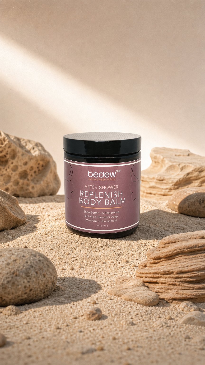 AI product shot of Replenish Body Balm – Deep Hydration for Dry Skin