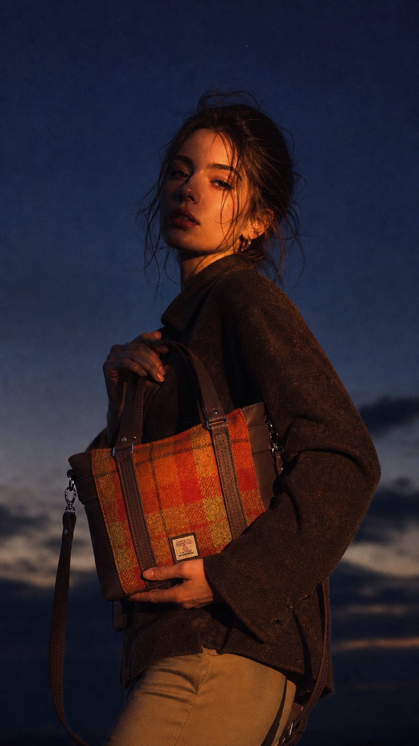 AI product shot of Harris tweed Crossbody Handbag made with chocolate brown genuine leather and woven wool, shoulder bag with zip pocket large adjustable strap organiser bag