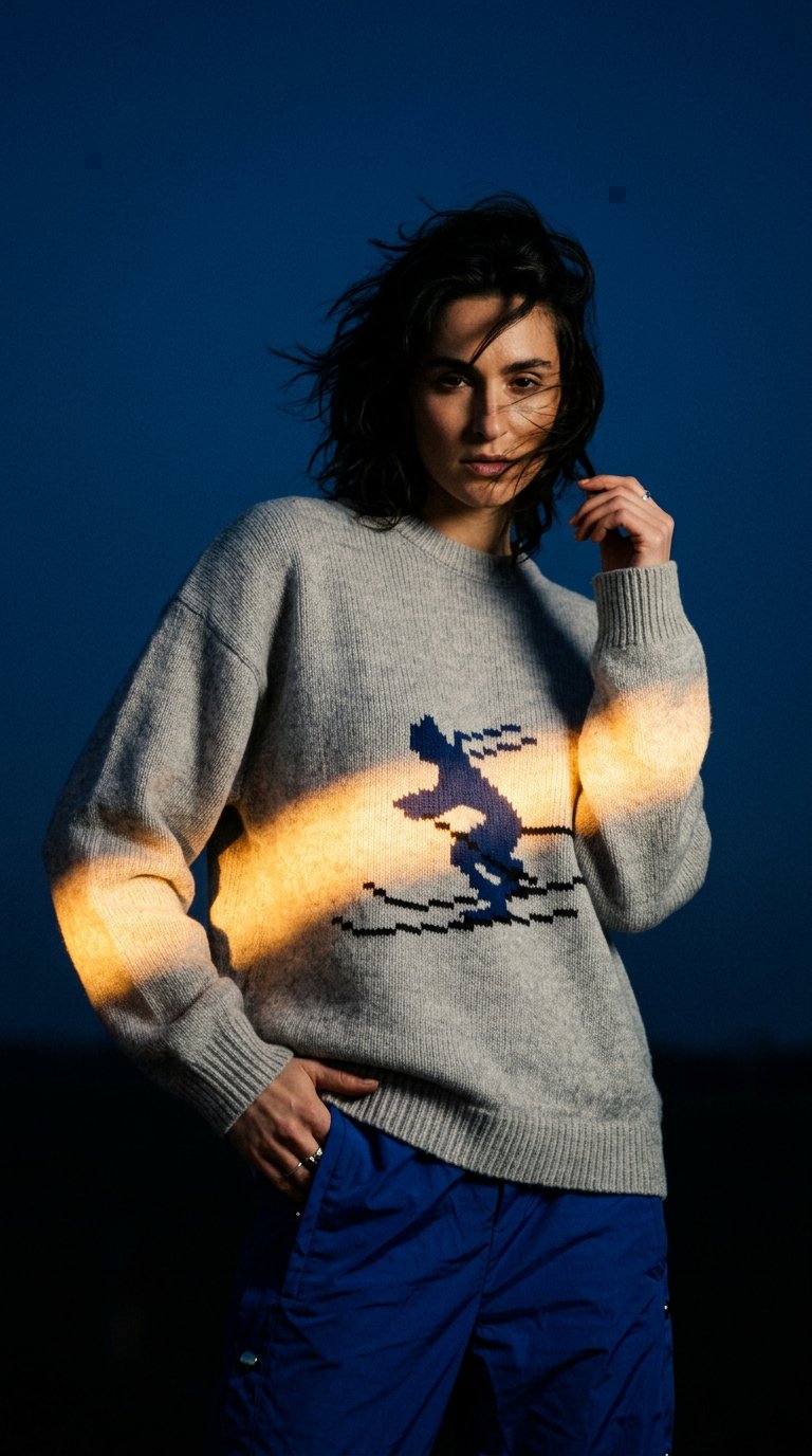 AI product shot of Tibi Sweater - Soft Wool Ski Sweater Crewneck Easy Pullover - Heather Grey