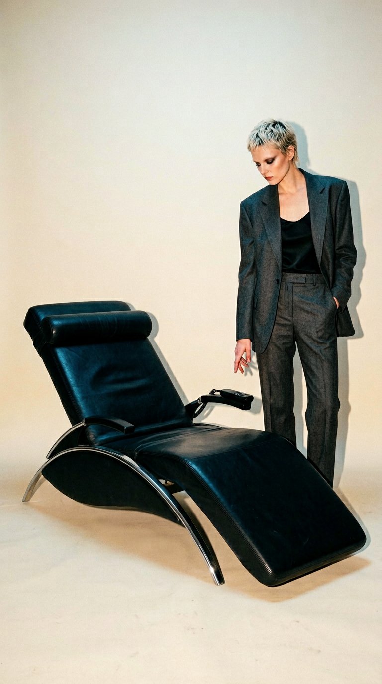 AI product shot of FA. DEWERT. Elektronisk loungestol, krom, läder.