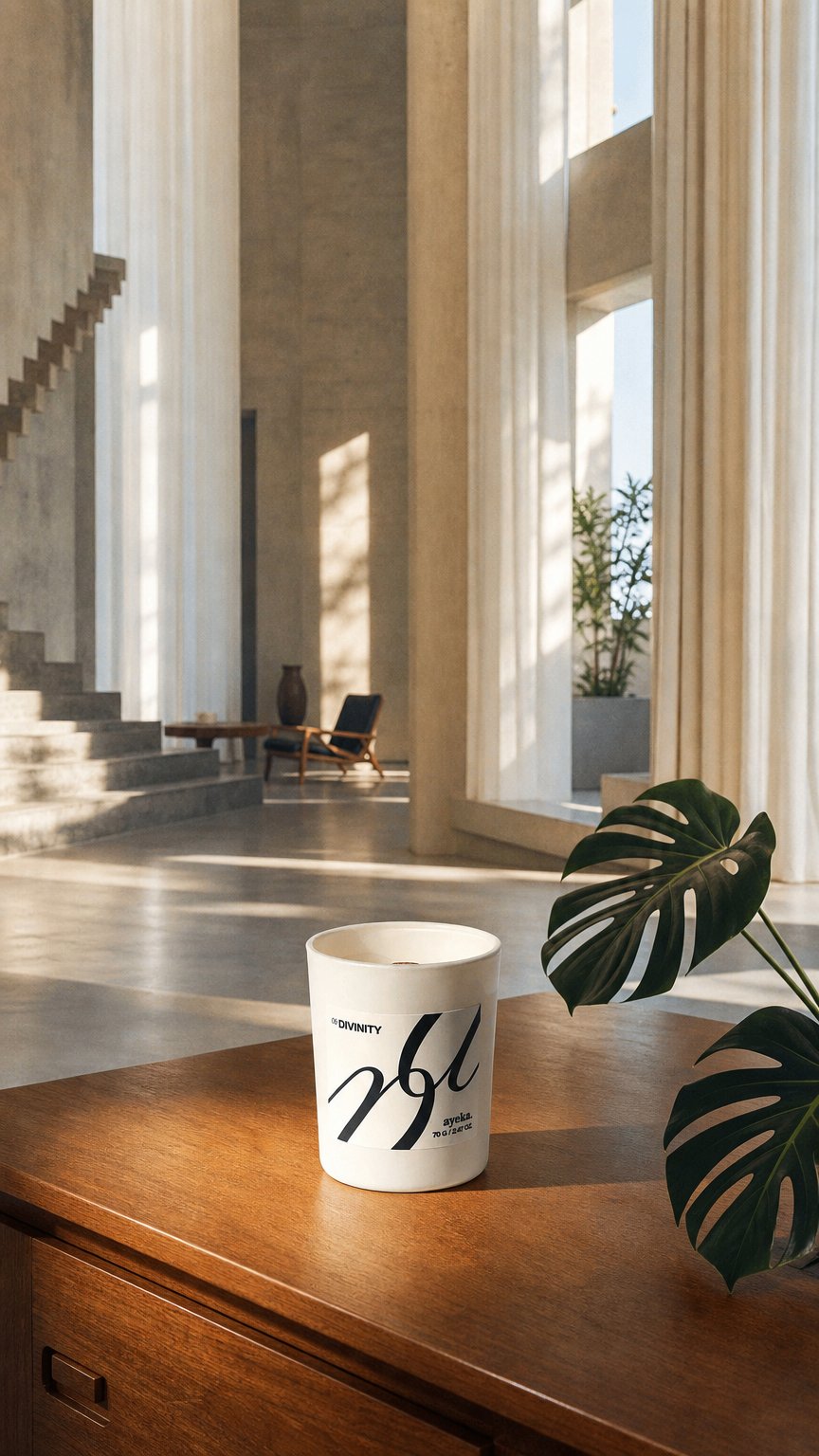 AI product shot of Divinity — English Pear, Amber & Freesia Scented Candle