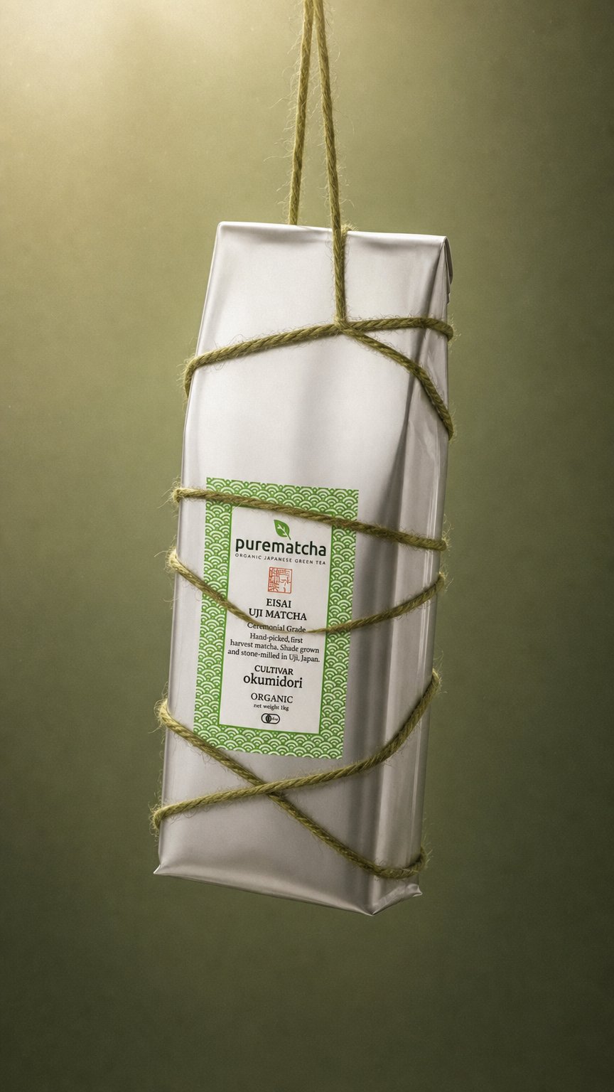 AI product shot of 1kg EISAI Organic Ceremonial Bulk Matcha (Okumidori Cultivar)