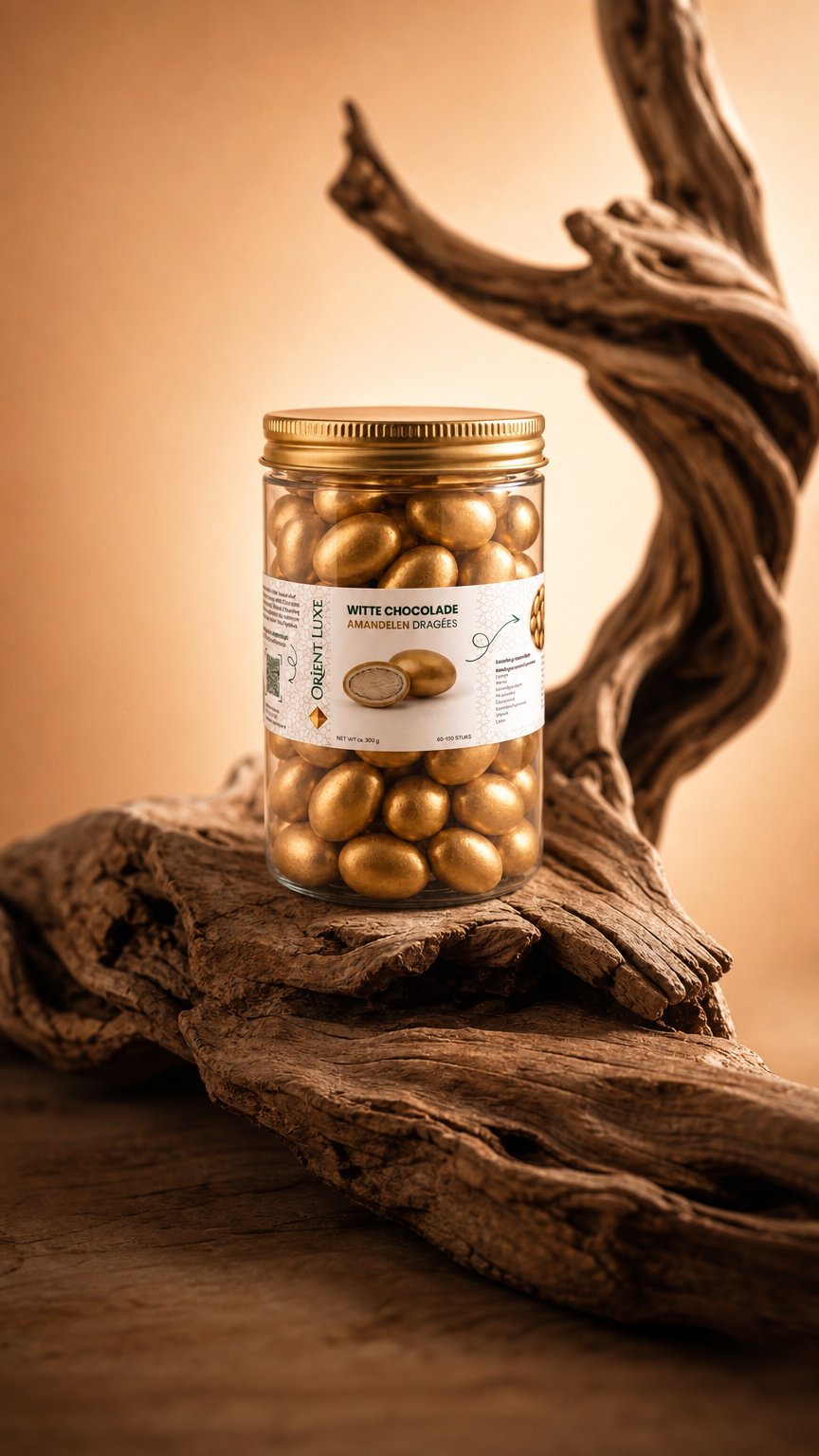 AI product shot of Witte Chocolade Amandelen Gouden Dragee 300g