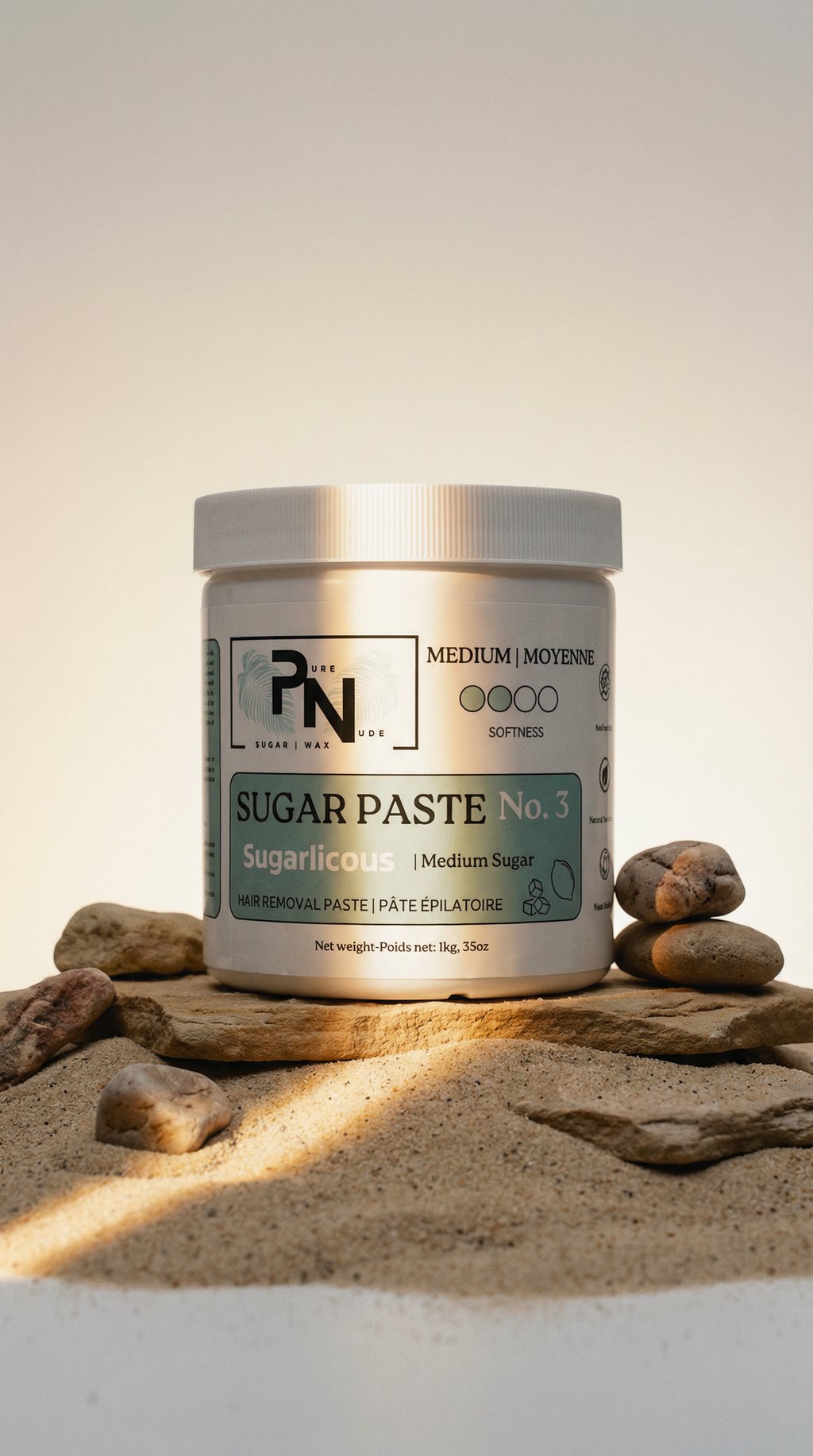 AI product shot of Pure Nude "Sugarlicous" Sugar Pate - Medium Fim Hair Removal Paste for All Hair Types