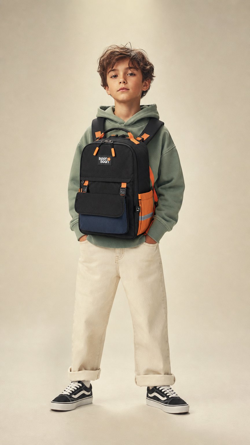 AI product shot of Discovery – Midnight Black Kids School Bag