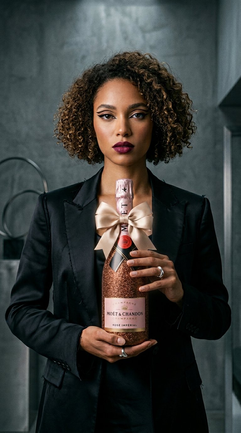 AI product shot of Moët & Chandon Rosé – Hnědá zdobená lahev