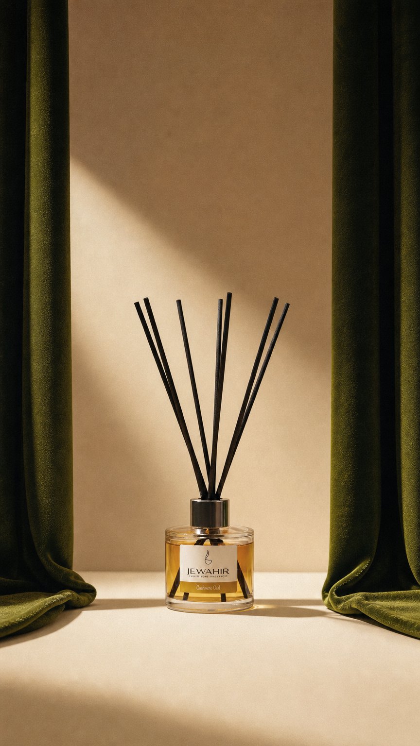 AI product shot of Cashmere Oud Reed Diffuser