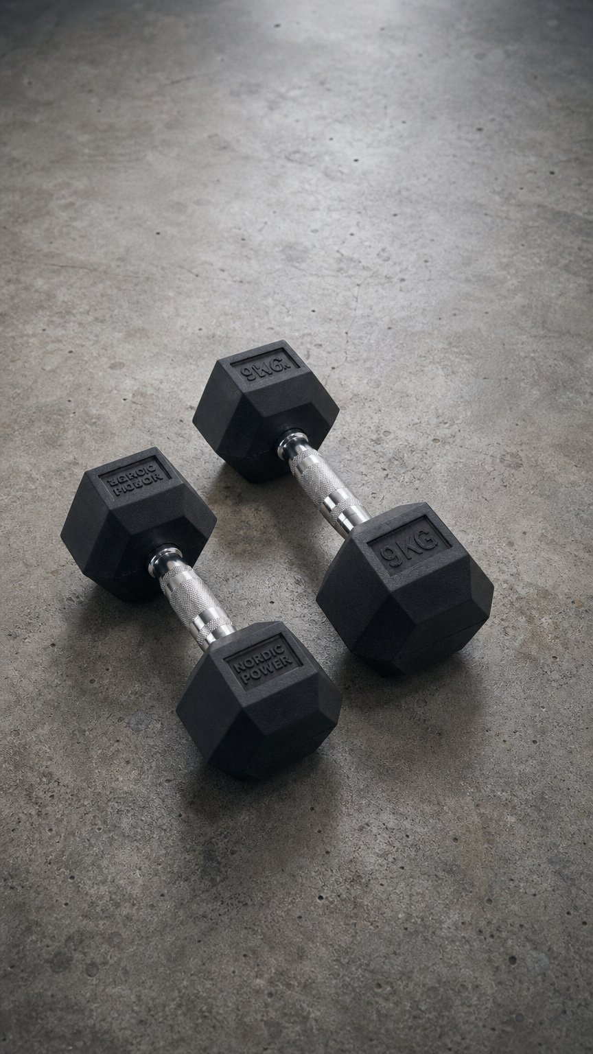 AI product shot of 2 x 9 kg. Hexagon Håndvægte - NORDIC POWER - Tilbud