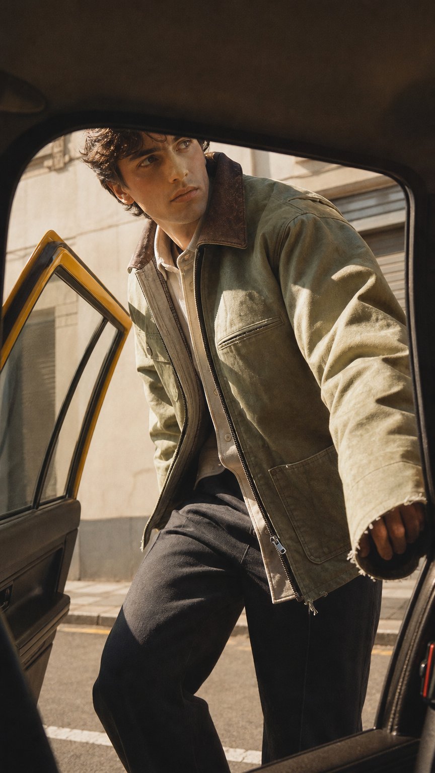 AI product shot of PLEATED CANVAS WORK JACKET in faded green