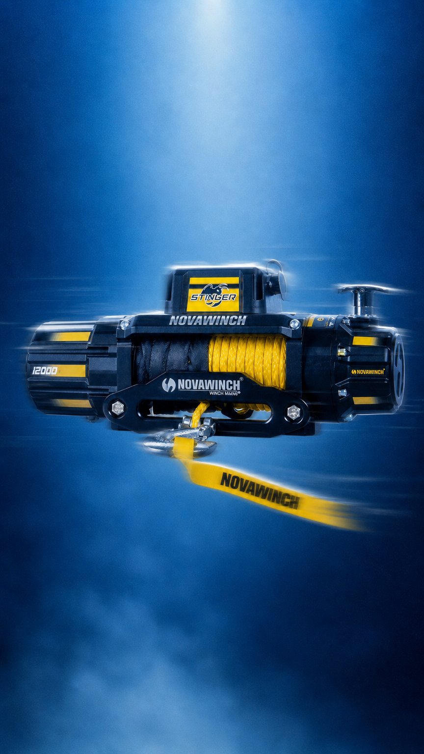 AI product shot of 12V 12,000lb Electric Winch with Synthetic Rope & Wireless Remote – Stinger