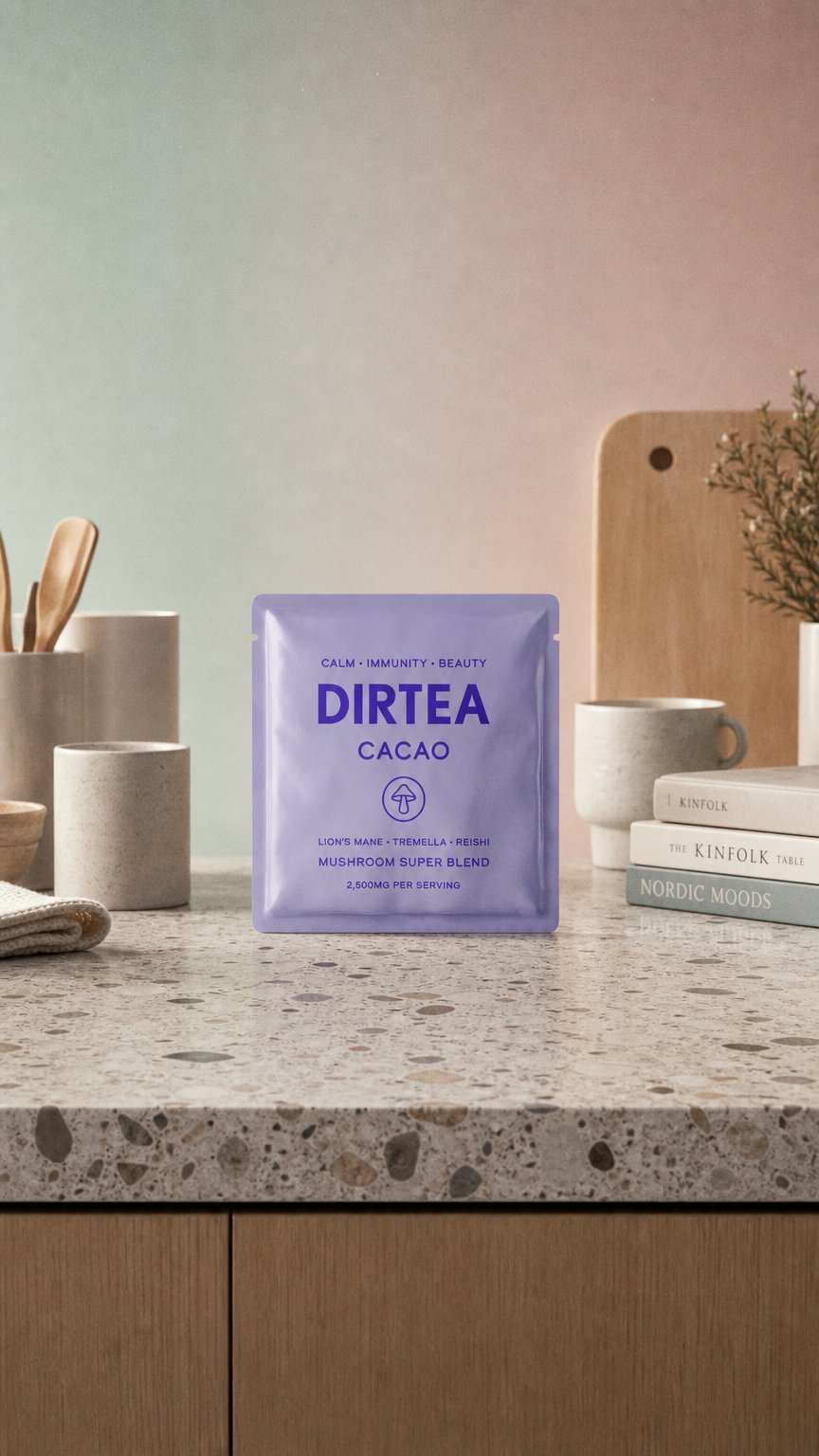 AI product shot of 5 x DIRTEA Cacao Travel Sachets