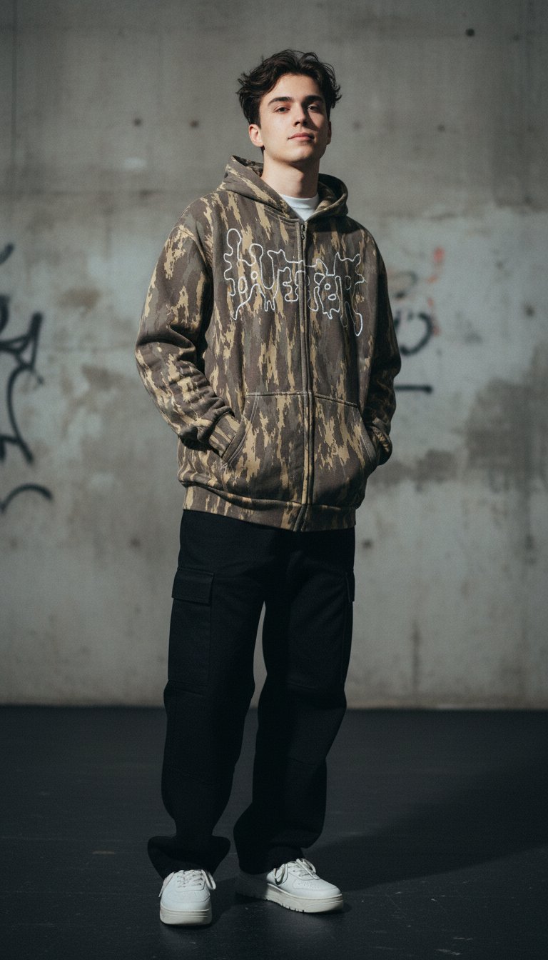 AI product shot of Butter Goods Blotch Zip-Thru Hooded Sweater Washed Camo