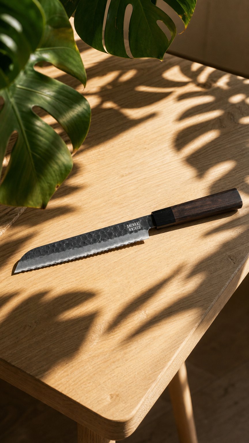 AI product shot of Shinrai Knives - Blackout Edition Damascus Broodmes 20 cm