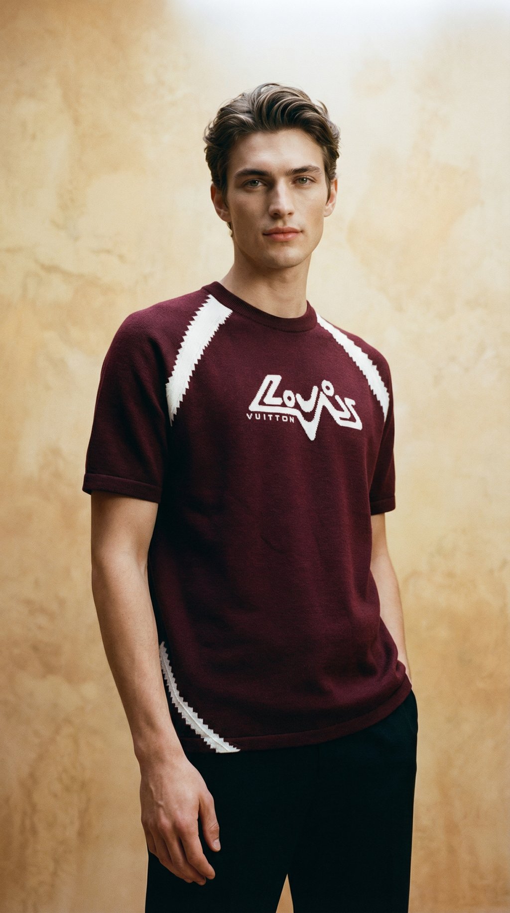 AI product shot of LOUIS VUITTON BURGUNDY LOVERS T SHIRT - LARGE