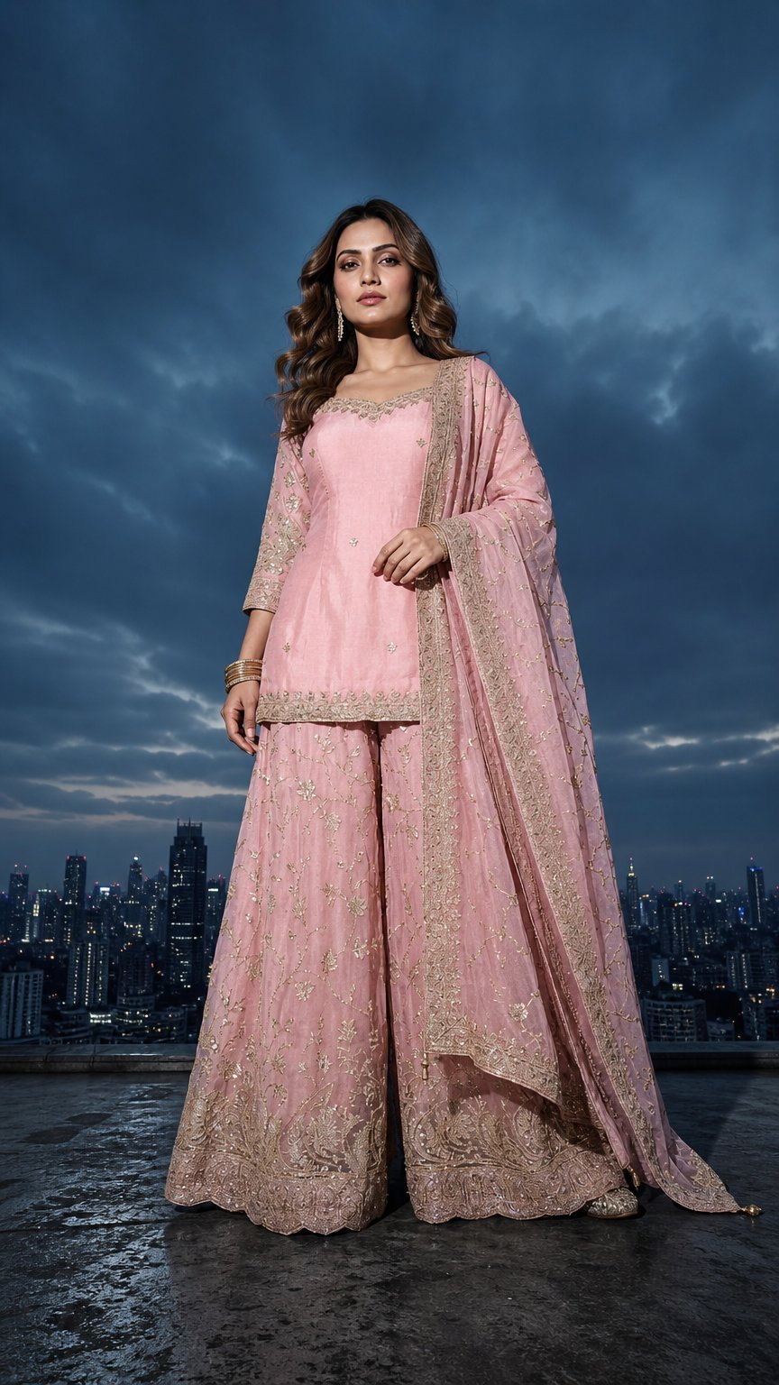 AI product shot of Baby Pink Embroidery Blend Tissue Sharara Stitched