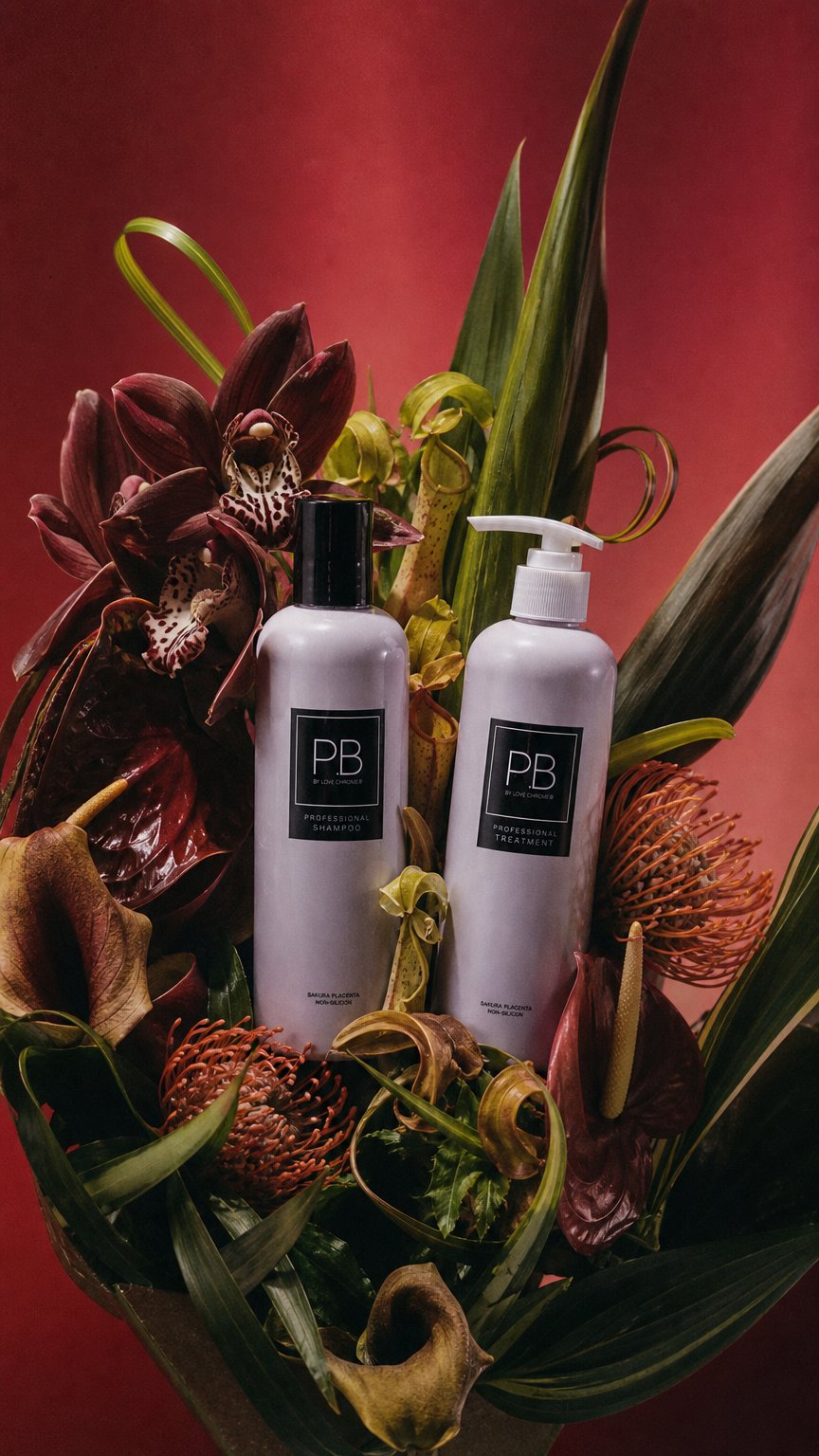 AI product shot of P.B by LOVECHROME Professional Shampoo 250ml & Treatment 250g Set