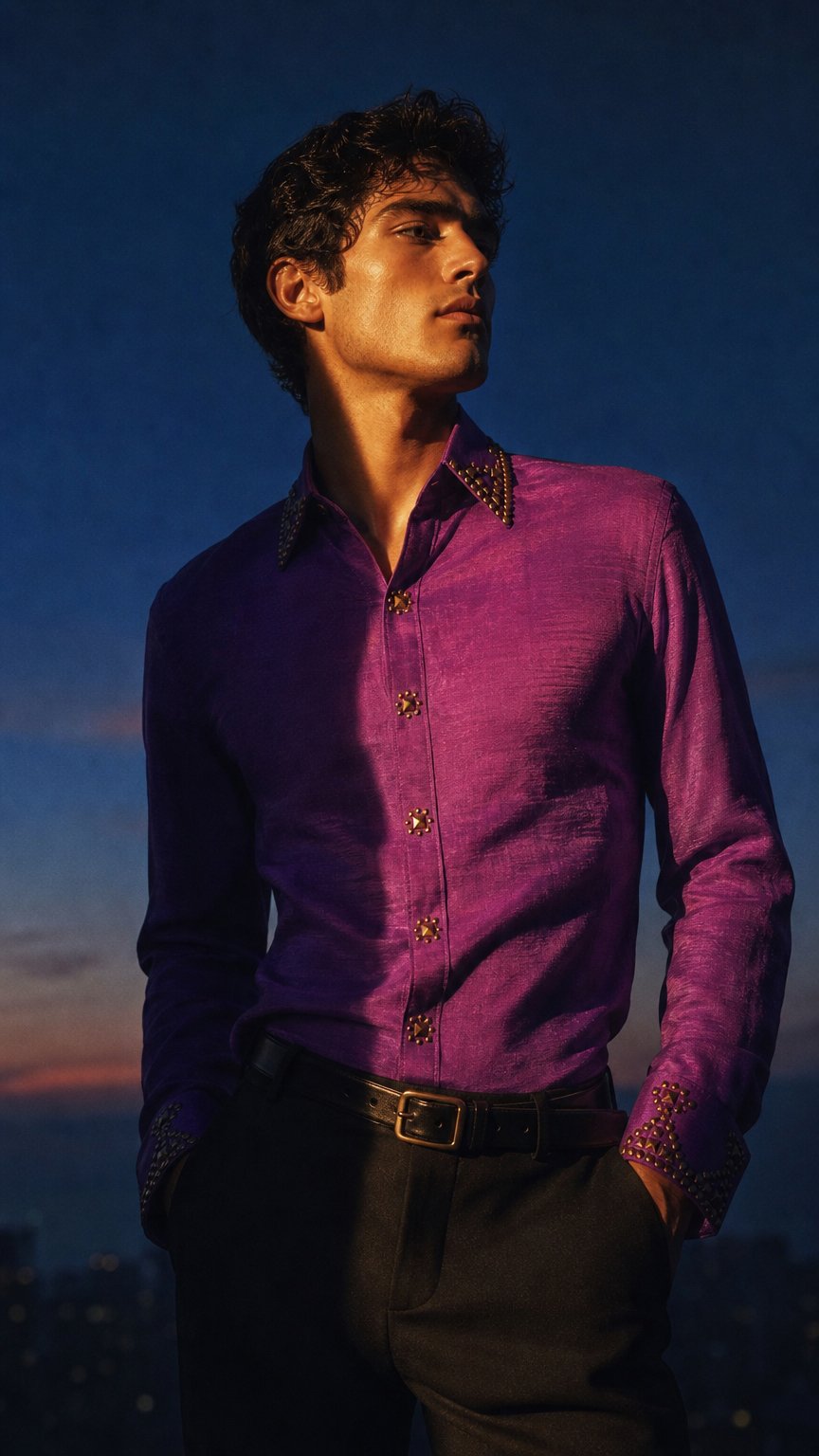 AI product shot of SIMPLY SOUTHWESTERN Electric Magenta and Antique Brown Stretch Taffeta Day Shirt 1494