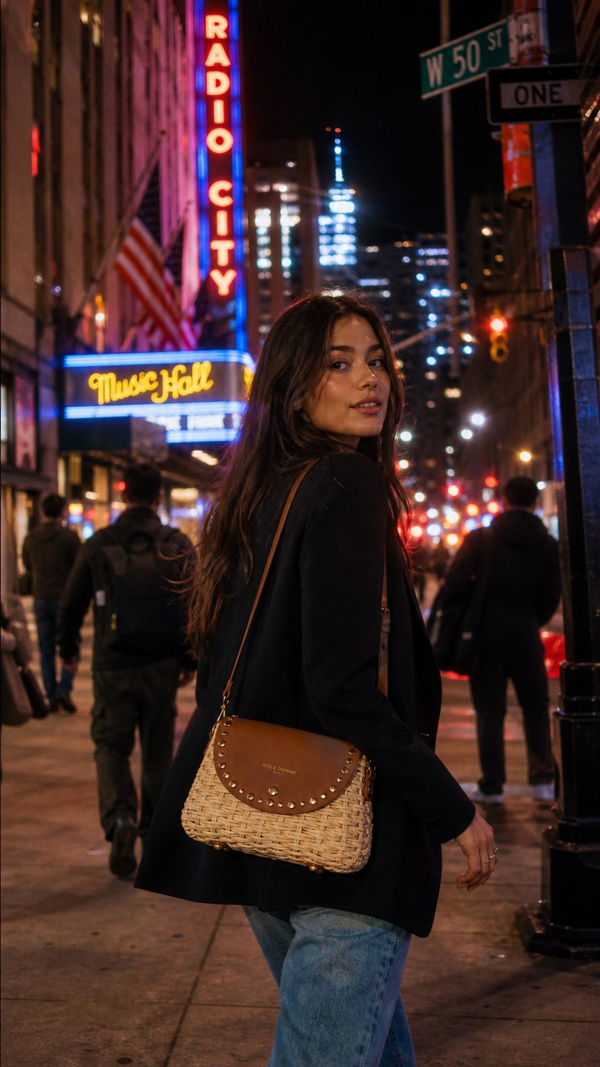 AI product shot of Borsa a Tracolla Stile Donna in Rafia con Patta in Ecopelle e Borchie Dorate