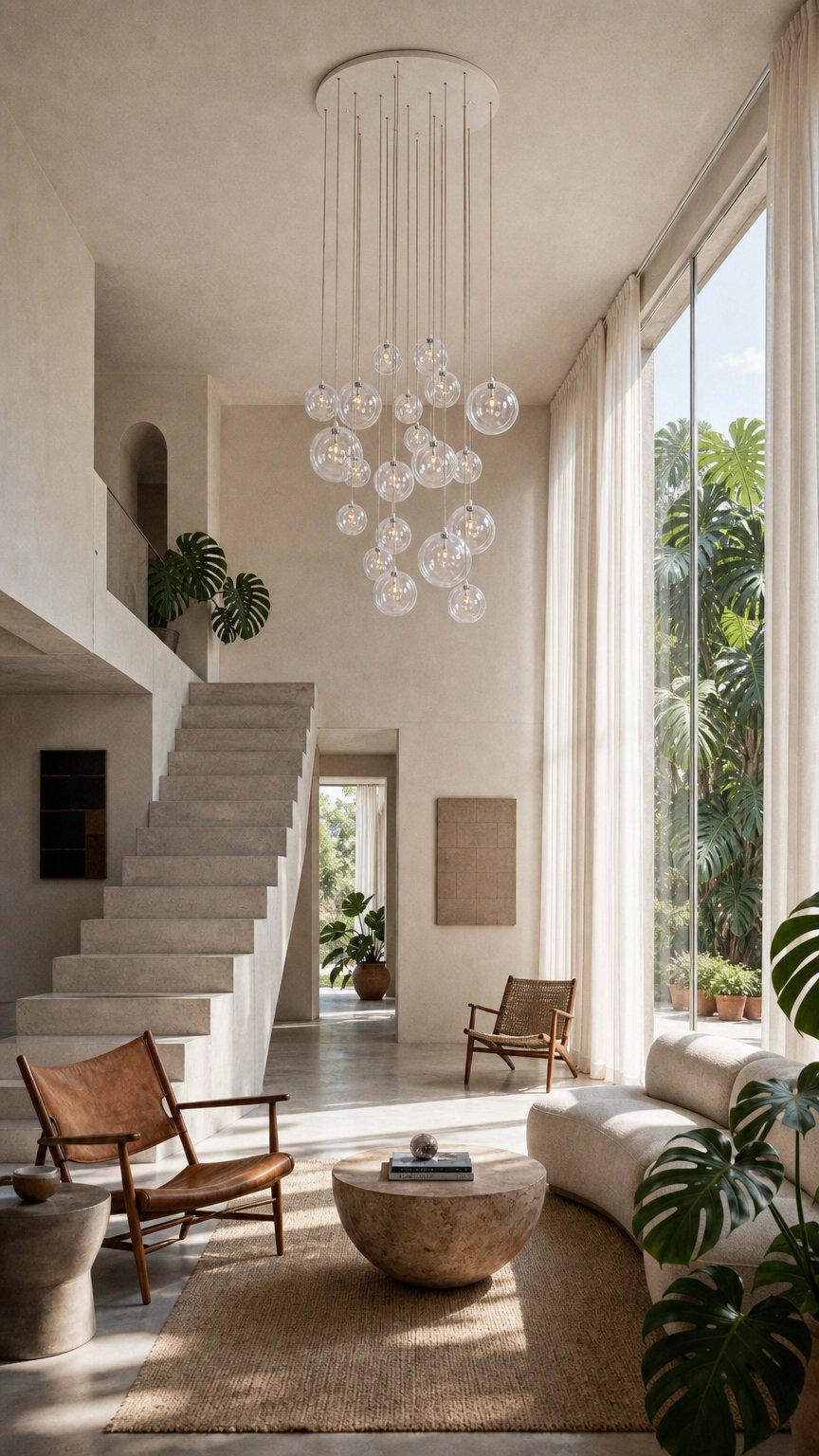 AI product shot of Novi 20 hanglamp | witte plafondplaat | transparante snoeren
