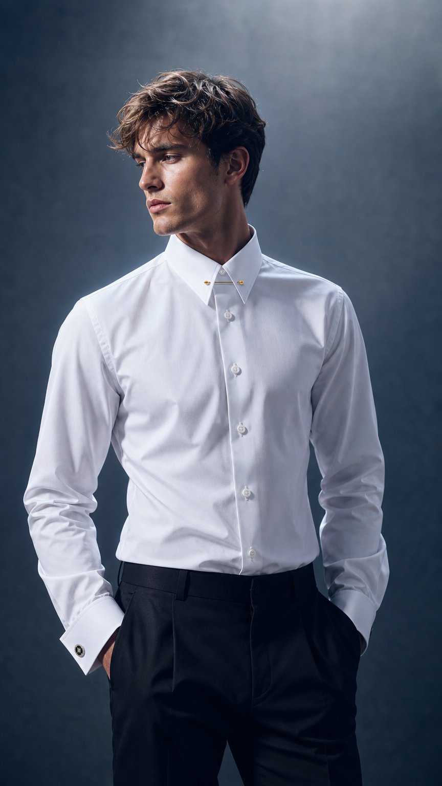AI product shot of Mens Collar Bar White Dress Shirt in Luxury Giza 100 % Cotton | Panache Bespoke