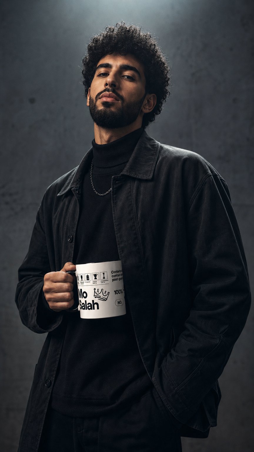 AI product shot of Mo Salah Product Information Mug