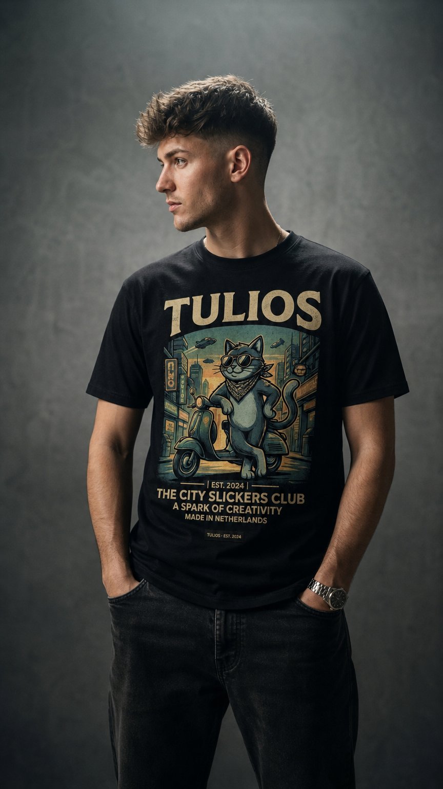 AI product shot of Tulios "Midnight Cat" Graphic Tee