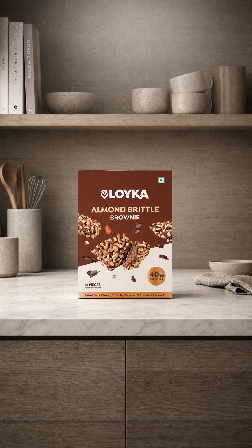AI product shot of Almond Brittle Brownie 14 Pcs Box