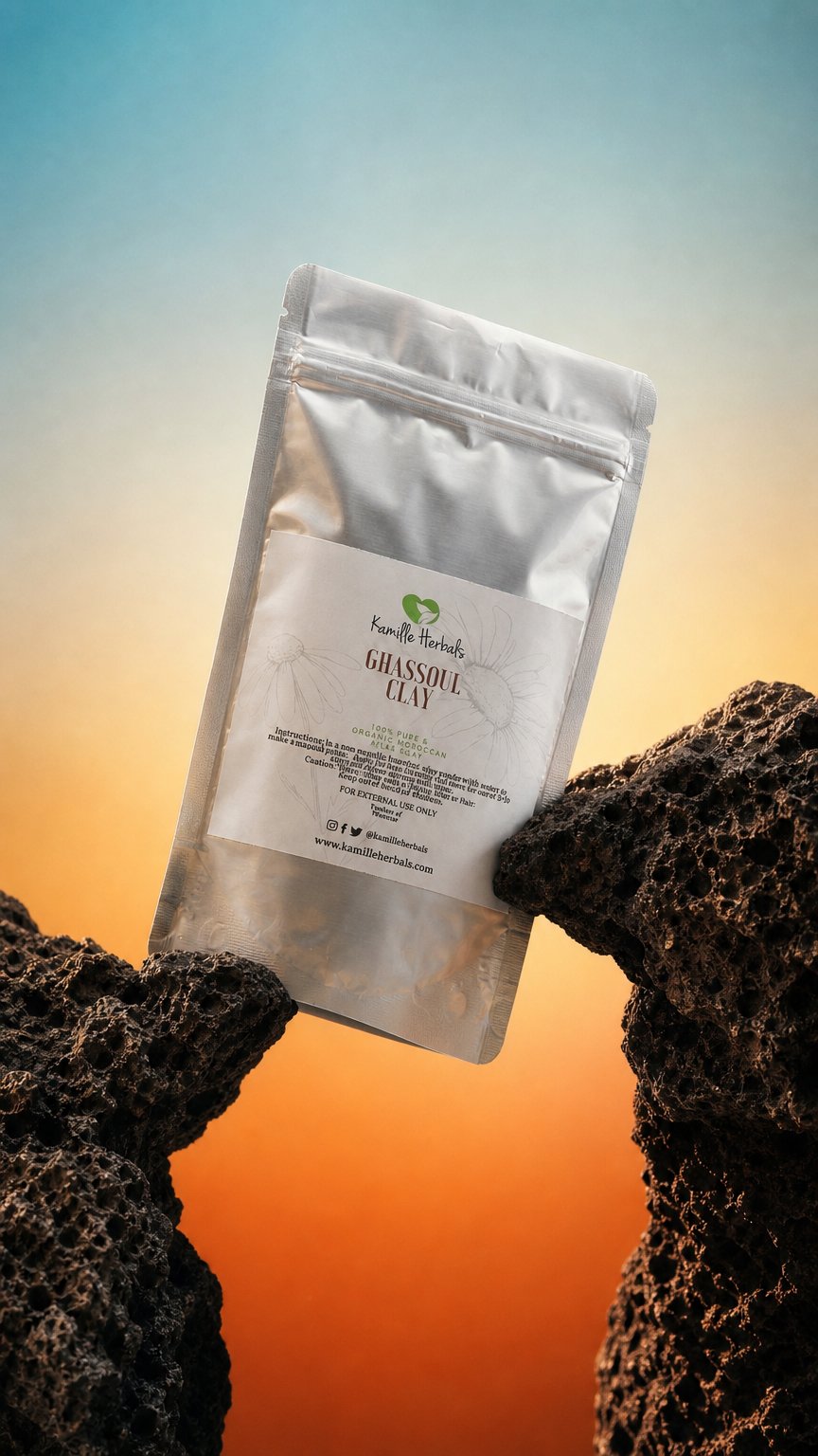 AI product shot of Ghassoul (Rhassoul) Clay Moroccan Lava Clay
