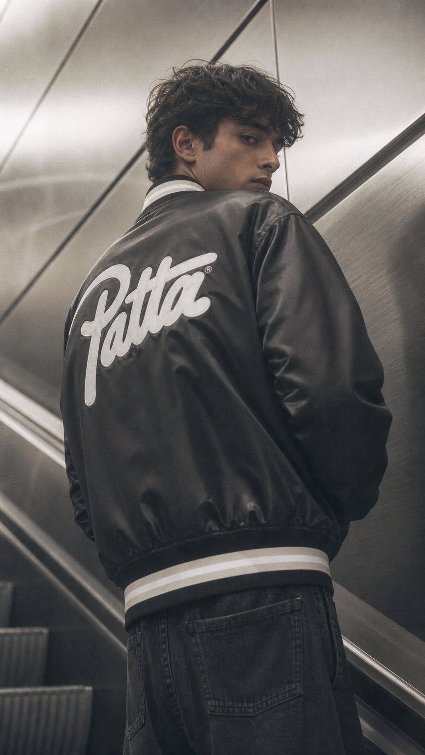 AI product shot of Patta Script Logo Satin Varsity Jacket (Black)