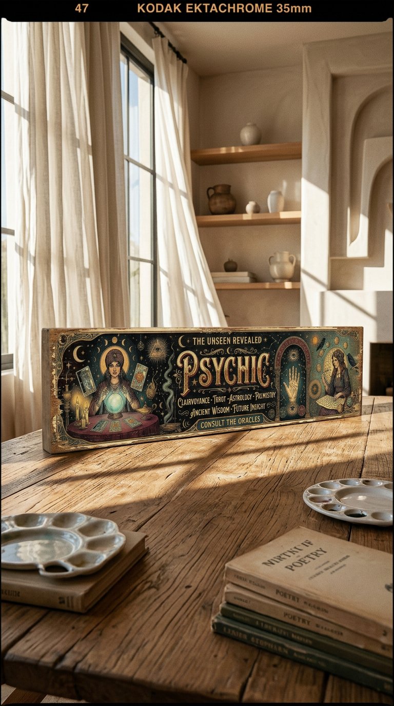 AI product shot of Psychic Fortune Teller Vintage Wooden Sign — Clairvoyance Tarot Astrology Palmistry