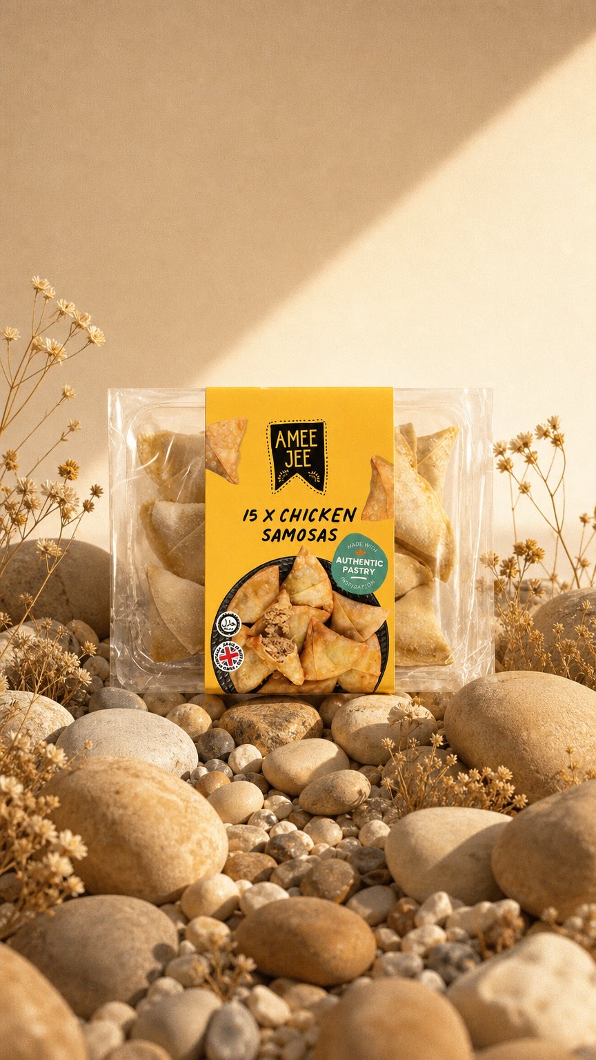 AI product shot of 15 Chicken Samosas – Amee Jee Pastry Snack