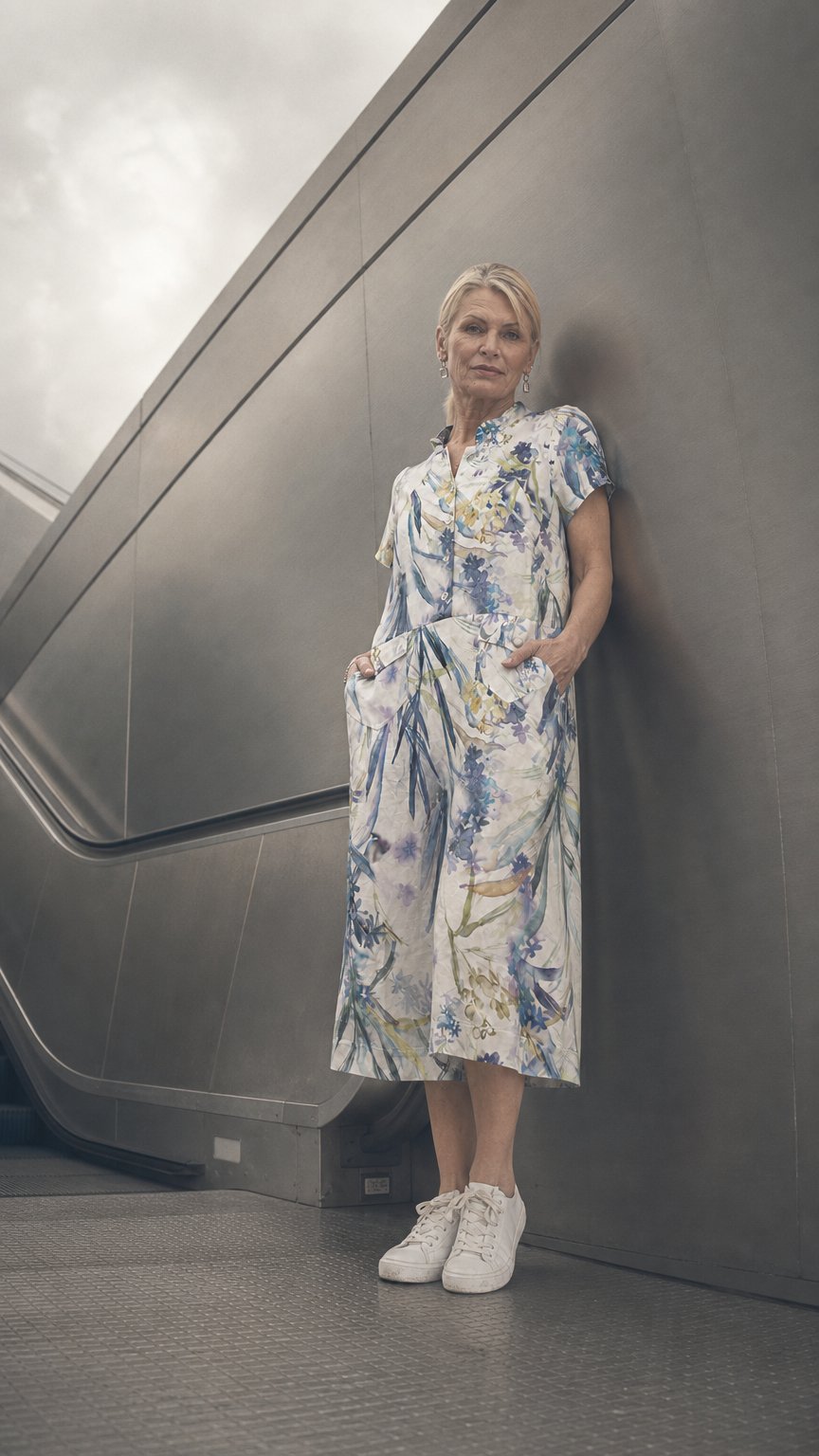 AI product shot of White/Blue Floral Meadow Print Linen Dress with Front Pockets