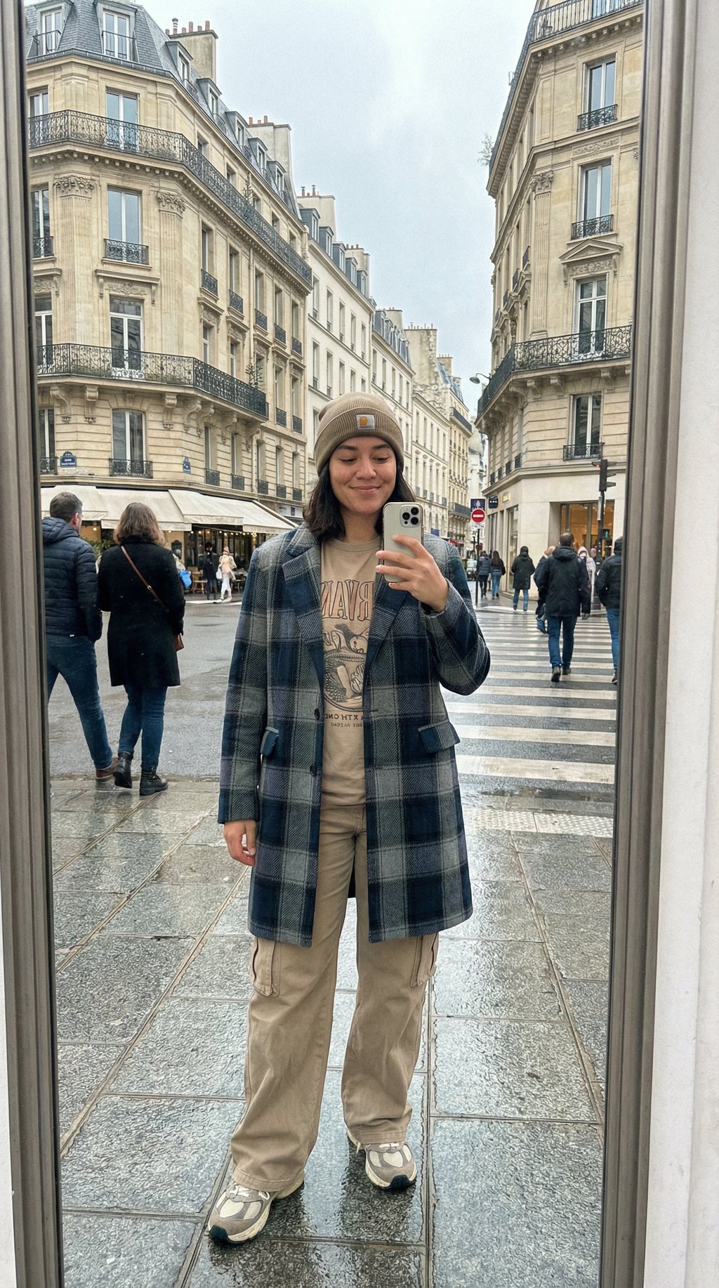 AI product shot of Acne Studios Oversized Plaid Wool Blend Coat in Navy, Grey & Green size US38