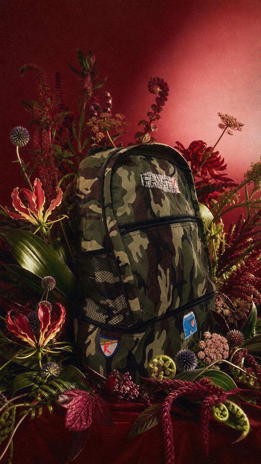 AI product shot of Mochila camuflaje vegana unisex.