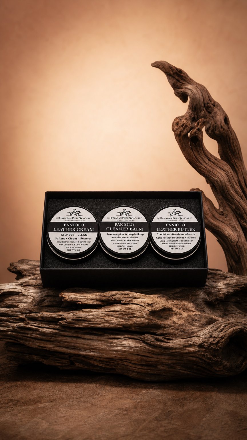 AI product shot of Paniolo Leather Care System – 3 Step Saddle & Tack Restoration Kit