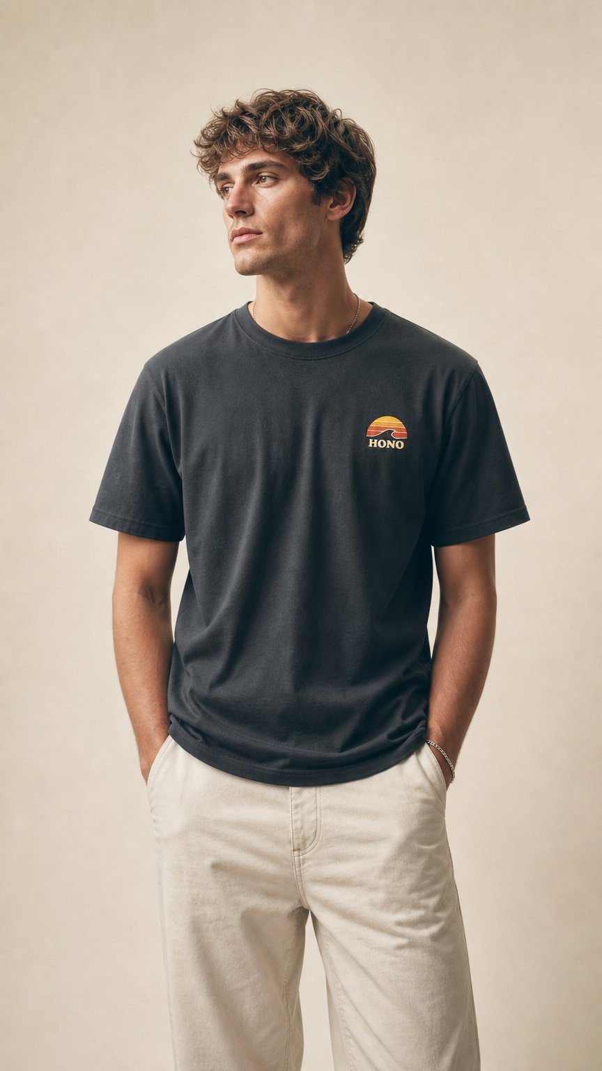 AI product shot of T-shirt noir vintage HONO Surf – Black Rock