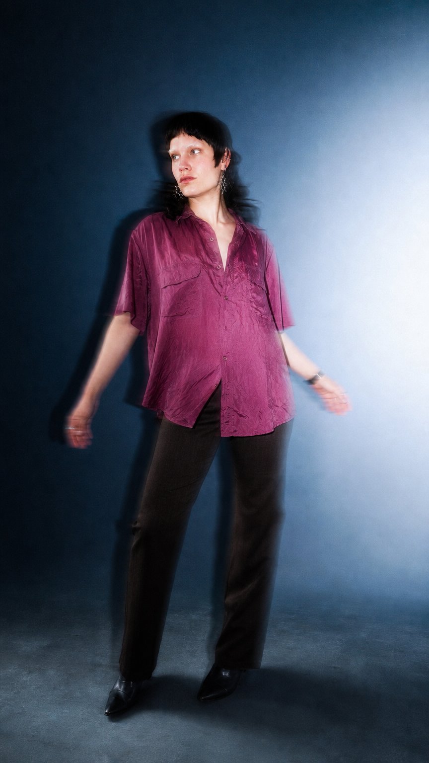 AI product shot of Vintage 80s 90s burgundy/pink short sleeve blouse | S-M