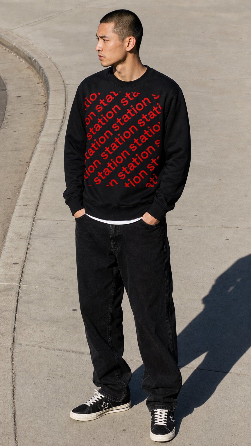 AI product shot of STATION logo one crewneck sweatshirt
