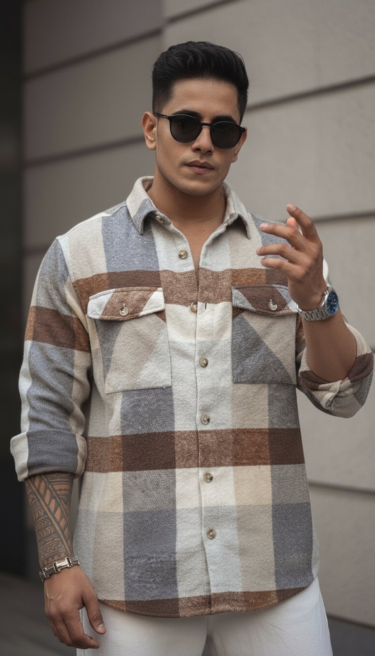 AI product shot of Powerlook Men Spread Collar Tartan Checked Cotton Casual Shirt