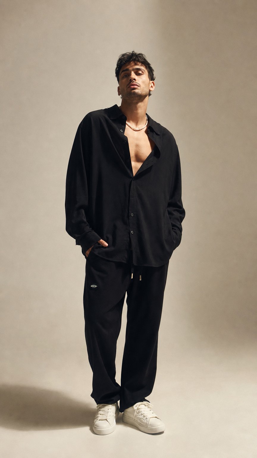 AI product shot of Soft Linen Set - Black | Long Sleeve & Pants