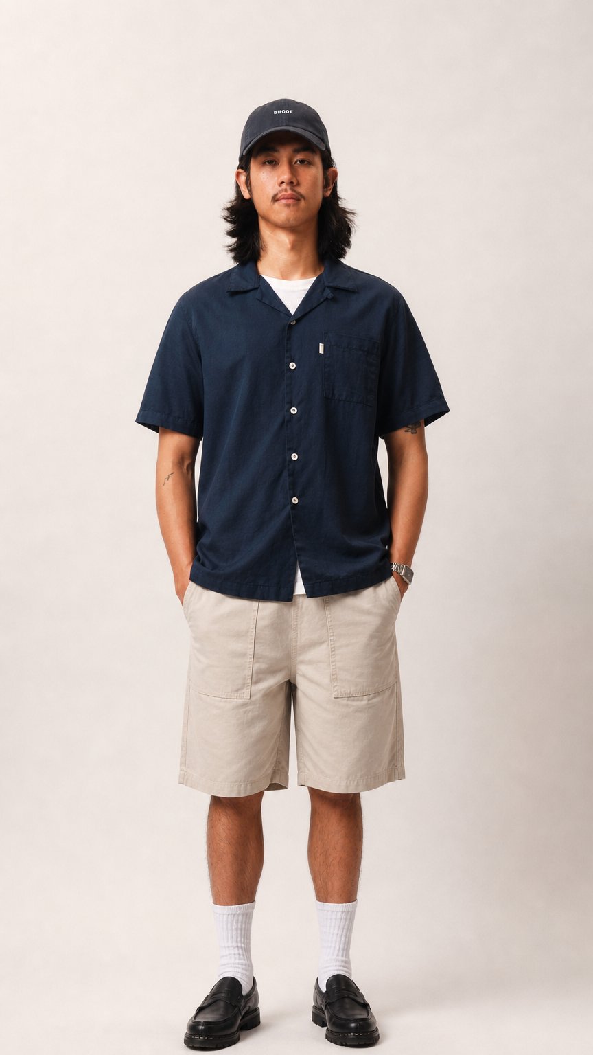 AI product shot of Bhode Cuca Short Sleeve Shirt (Linen) - Midnight Navy Blue