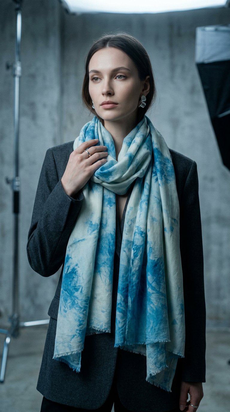 AI product shot of Indigo Clouds Washed Silk Wrap