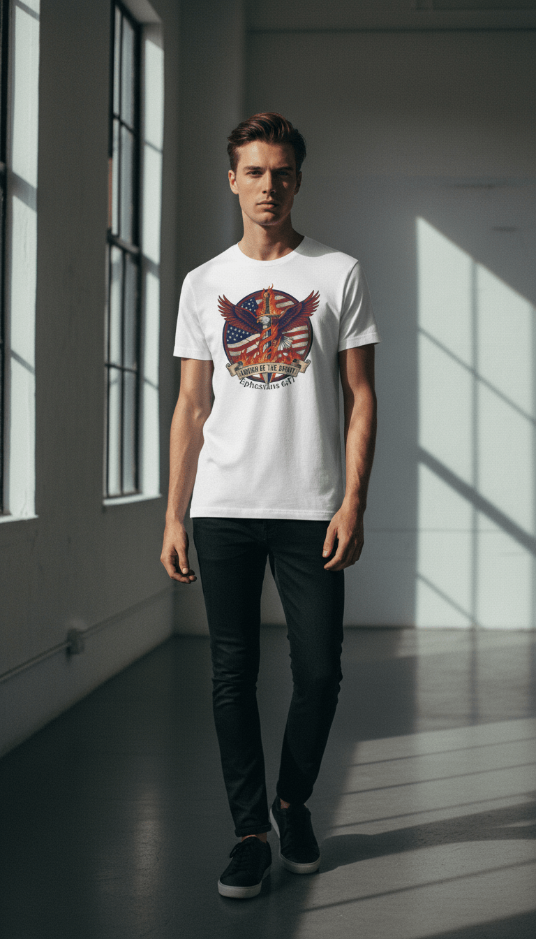 AI product shot of Sword of the Spirit Flag T-Shirt - Armor of God Patriotic Christian Apparel