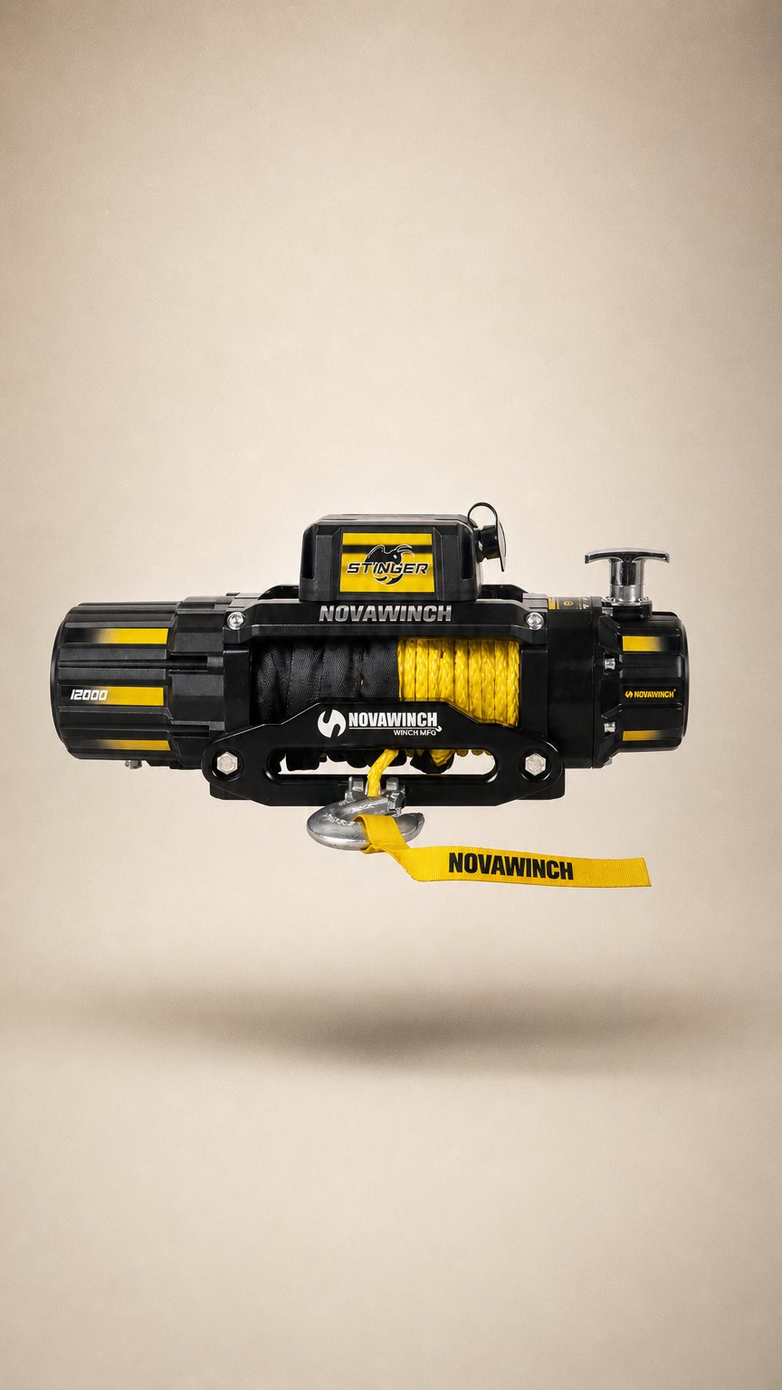 AI product shot of 12V 12,000lb Electric Winch with Synthetic Rope & Wireless Remote – Stinger