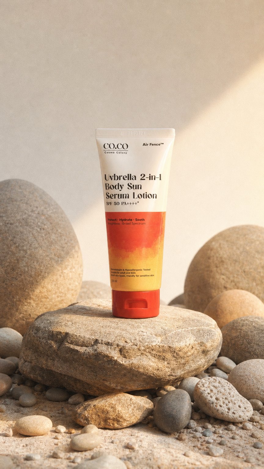 AI product shot of Uvbrella 2-in-1 Body Sun Serum Lotion SPF 50 PA++++
