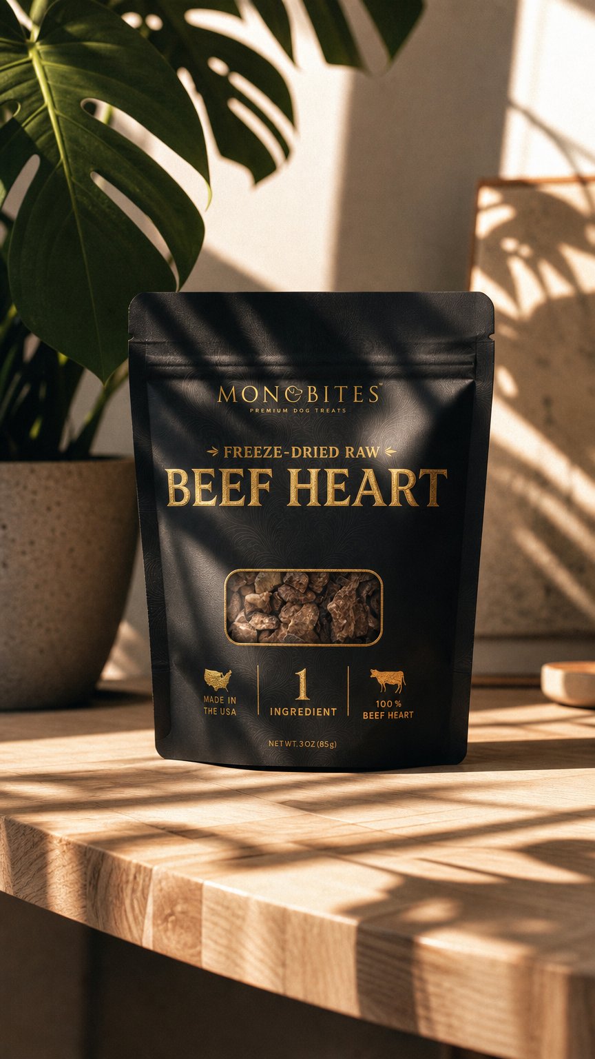 AI product shot of MonoBites Premium Freeze-Dried Beef Heart