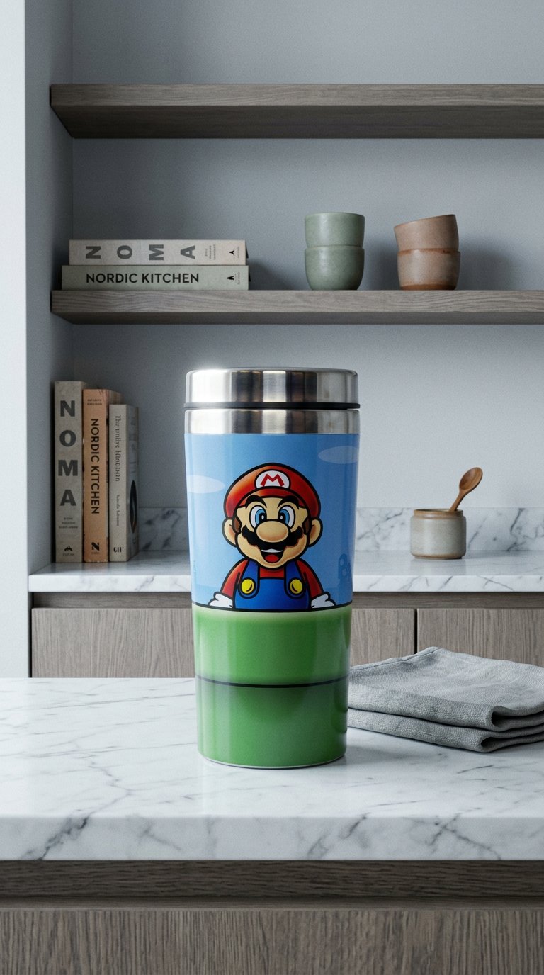 AI product shot of Paladone Nintendo Super Mario Warp Pipe Travel Mug - Officially Licensed Nintendo Stainless Steel Flask, Keeps Drinks Hot & Cold, Great for Commuting, Retro Gamer Gift, 450ml (15 fl oz)