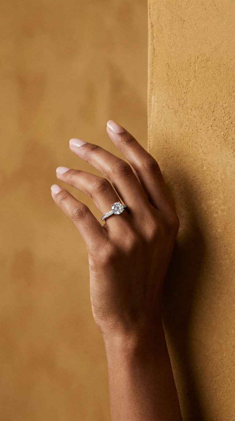 AI product shot of Ronde solitaire verlovingsring met pavé band · 2.0 ct.