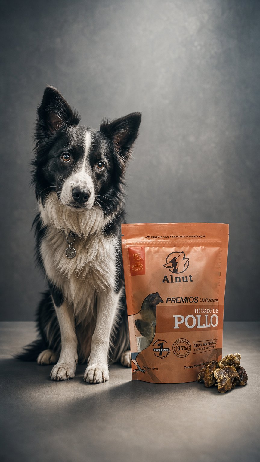 AI product shot of Alnut premios liofilizados hígado de pollo para perro y gato